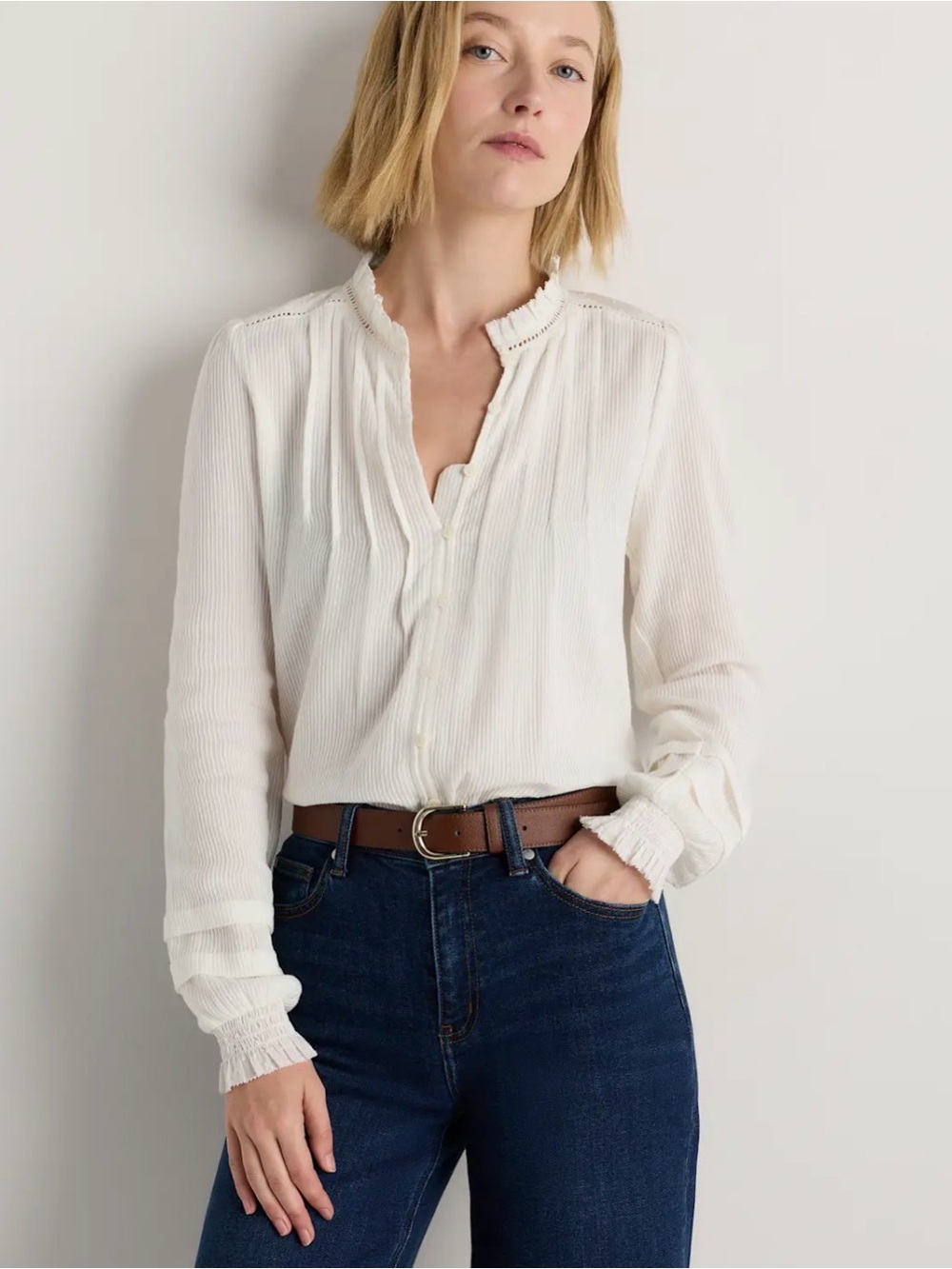 Women's White Long-Sleeve Ruffled V-Neck Top